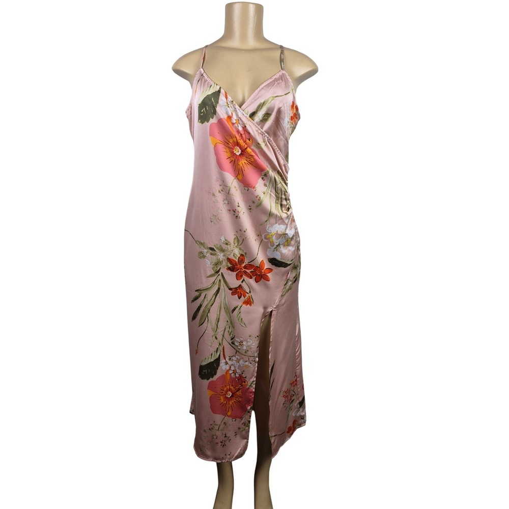 Lulus Pink Floral Satin Midi Dress Ruched Faux Wrap Slit Small Cottage Garden
